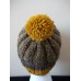 Hand knitted warm and cozy beanie/hat with pompom  brown/gold  eb-84755948